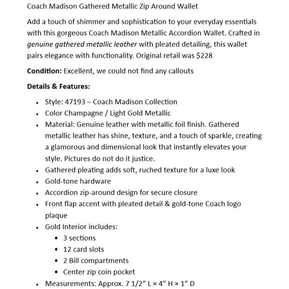 Coach Madison Gathered Metallic Leather Zip Around Wallet EUC - Picture 2 of 6